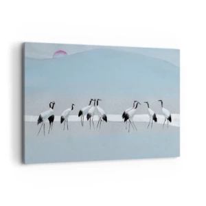 Bild auf Leinwand - Leinwandbild - Eine Gruppe von Kranichen vor blauem Himmel und der aufgehenden Sonne - 120x80cm - Nach einem heißen Tag - Moderne Wanddekoration für Wohnzimmer und Schlafzimmer ARTTOR