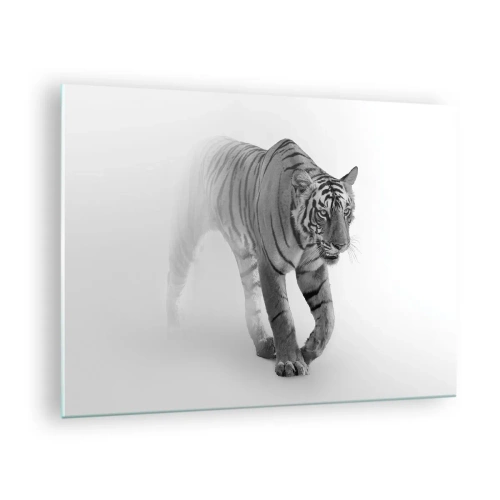 Glasbild - Bild auf glas - Ein Tiger schreitet durch den Nebel, mit subtiler Unschärfe im Hintergrund - 70x50cm - Im Nebel gelauert - Moderne Wanddekoration für Wohnzimmer und Schlafzimmer ARTTOR