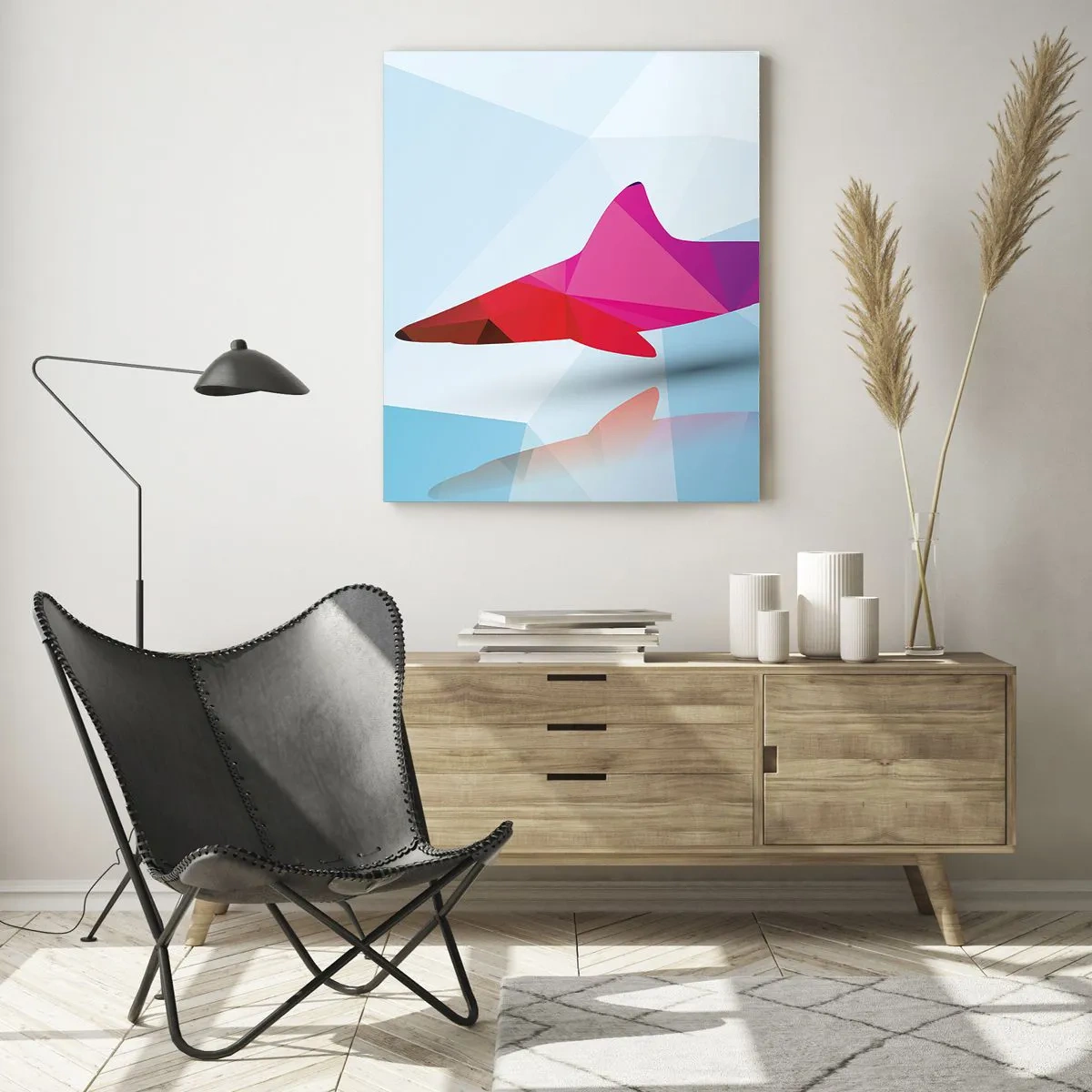 Glasbild - Bild auf glas - Geometrische Hai-Silhouette in Rosa- und Blautönen - 70x100cm - Ein Hai in einem Kristallraum - Moderne Wanddekoration für Wohnzimmer und Schlafzimmer ARTTOR