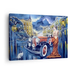 Bild auf Leinwand - Leinwandbild - Eine Frau in einem eleganten Kleid neben einem Retro-Auto in der Nacht - 70x50cm - Nocturne in Blau und Koralle - Moderne Wanddekoration für Wohnzimmer und Schlafzimmer ARTTOR