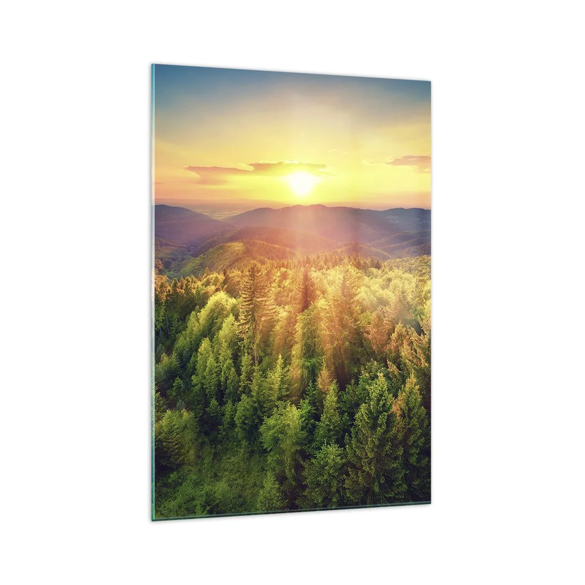 Glasbild - Bild auf glas - Waldlandschaft mit Sonnenuntergang über den Hügeln - 70x100cm - Scheitelpunkte und Spitzen - Moderne Wanddekoration für Wohnzimmer und Schlafzimmer ARTTOR