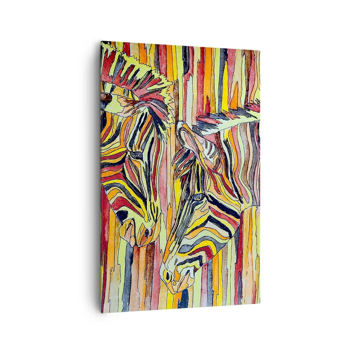 Bild auf Leinwand - Leinwandbild - Bunte Zebras vor einem Hintergrund aus abstrakten Streifen - 80x120cm - Also du auch... - Moderne Wanddekoration für Wohnzimmer und Schlafzimmer ARTTOR