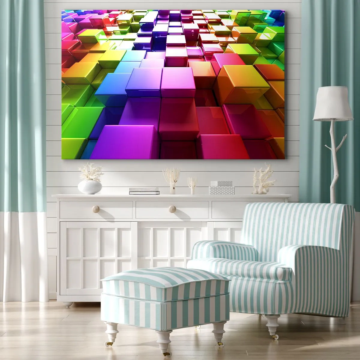 Bild auf Leinwand - Leinwandbild - Bunte geometrische 3D-Würfel - 120x80cm - Op-Art gemeinsam im Team - Moderne Wanddekoration für Wohnzimmer und Schlafzimmer ARTTOR