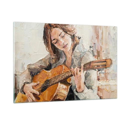 Glasbild - Bild auf glas - Ein Mädchen, das im impressionistischen Stil Gitarre spielt - 120x80cm - Konzert für Gitarre und Mädchenherz - Moderne Wanddekoration für Wohnzimmer und Schlafzimmer ARTTOR