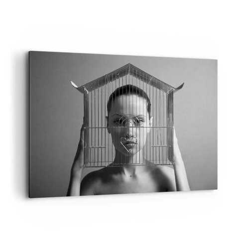Bild auf Leinwand - Leinwandbild - Frau hinter einem Käfig im surrealen Stil - 100x70cm - Ein leicht surreales Portrait - Moderne Wanddekoration für Wohnzimmer und Schlafzimmer ARTTOR
