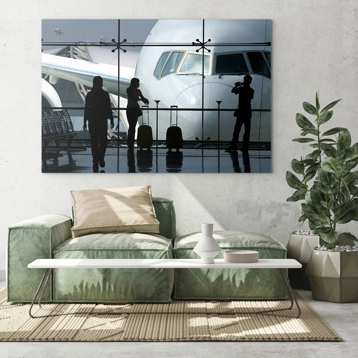 Glasbild - Bild auf glas - Flughafen mit Blick auf das Flugzeug und Silhouetten von Reisenden - 70x50cm - Vis a vis am Flughafen - Moderne Wanddekoration für Wohnzimmer und Schlafzimmer ARTTOR
