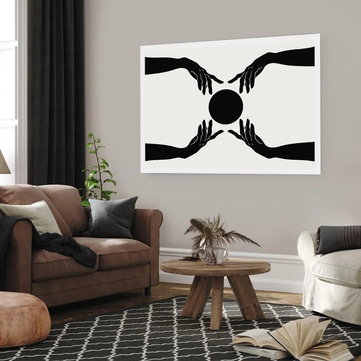 Poster - Schwarze Hände in einer symmetrischen Komposition mit einer Kugel - 100x70cm - Geheimes Zeichen - Moderne Wanddekoration für Wohnzimmer und Schlafzimmer ARTTOR