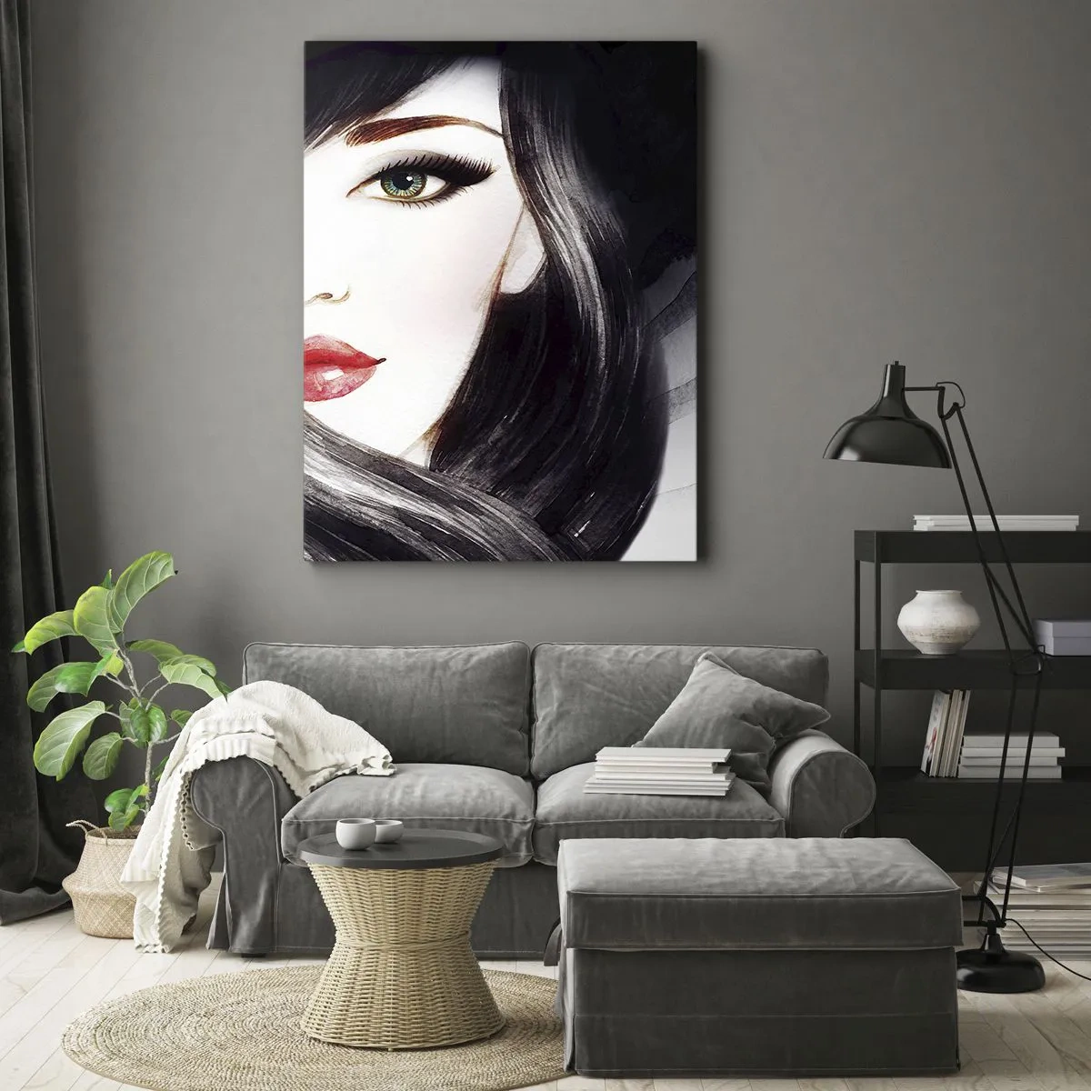 Bild auf Leinwand - Leinwandbild - Porträt einer Frau mit ausdrucksstarkem Blick und roten Lippen - 80x120cm - Saphir-Optik - Moderne Wanddekoration für Wohnzimmer und Schlafzimmer ARTTOR