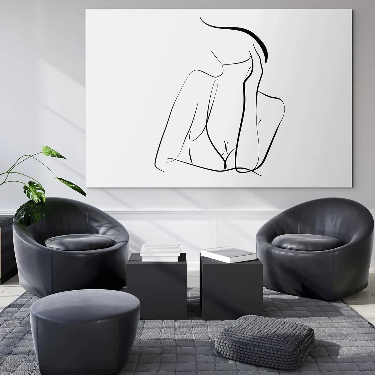 Glasbild - Bild auf glas - Eine einfache Linie, die den Umriss des Körpers in Schwarz- und Weißtönen zeigt - 70x50cm - Auf der Traumwelle - Moderne Wanddekoration für Wohnzimmer und Schlafzimmer ARTTOR