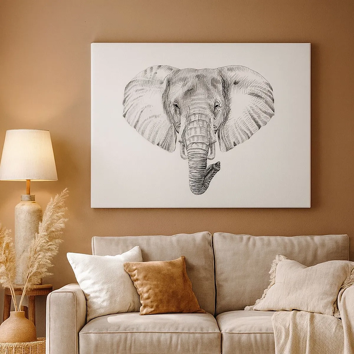Bild auf Leinwand - Leinwandbild - Schwarz-weiße Zeichnung eines Elefantenkopfes auf weißem Hintergrund - 70x50cm - Da war ein Elefant, so groß wie - ein Elefant - Moderne Wanddekoration für Wohnzimmer und Schlafzimmer ARTTOR