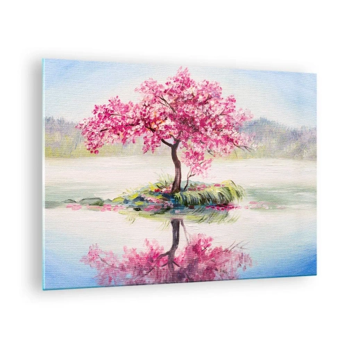 Glasbild - Bild auf glas - Ein rosa Baum auf einer Insel, der sich im ruhigen Wasser spiegelt - 70x50cm - Der Ritus des Frühlings - Moderne Wanddekoration für Wohnzimmer und Schlafzimmer ARTTOR