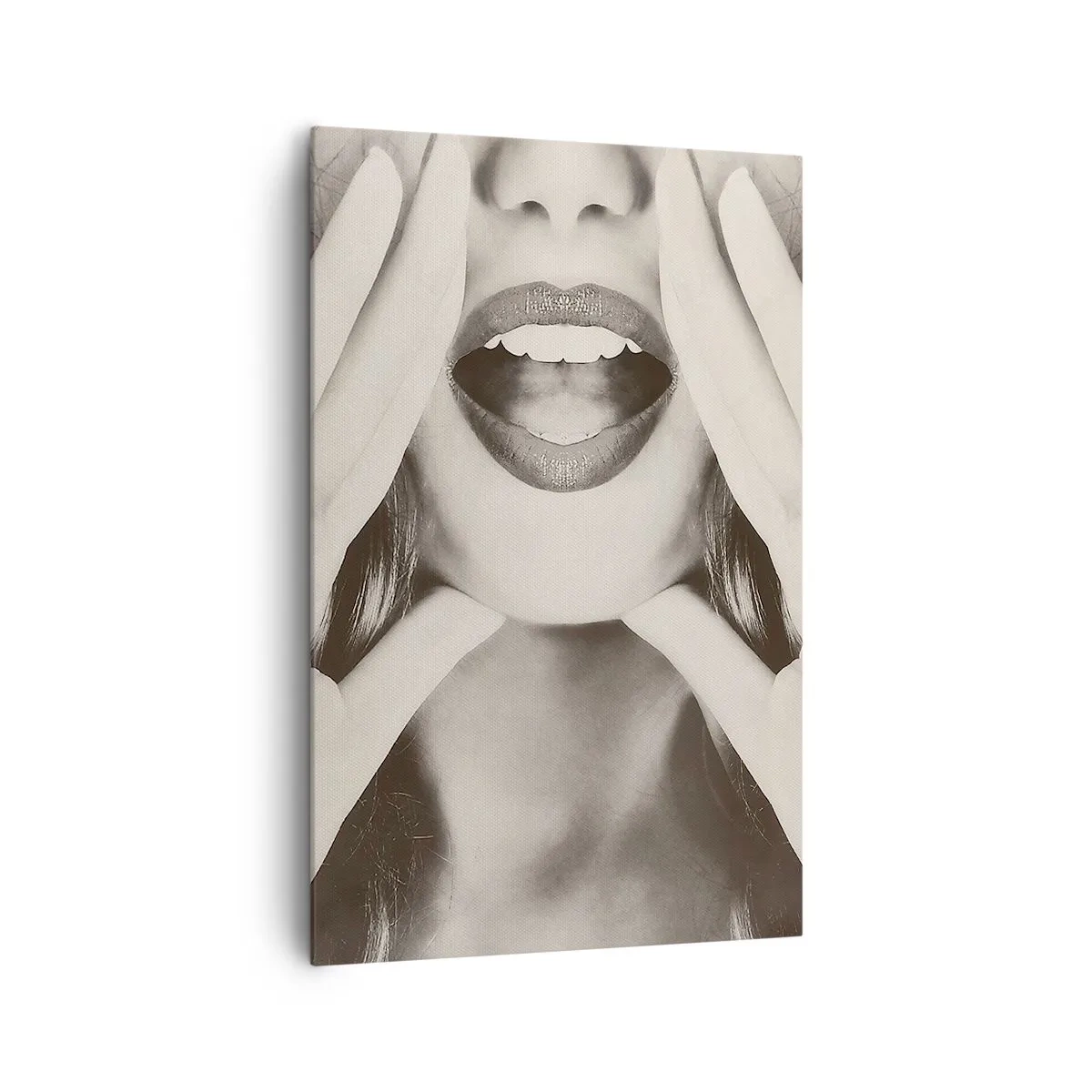 Bild auf Leinwand - Leinwandbild - Schwarz-Weiß-Porträt einer Frau mit ausdrucksstarken Lippen und Händen - 80x120cm - Ich komme schon! - Moderne Wanddekoration für Wohnzimmer und Schlafzimmer ARTTOR