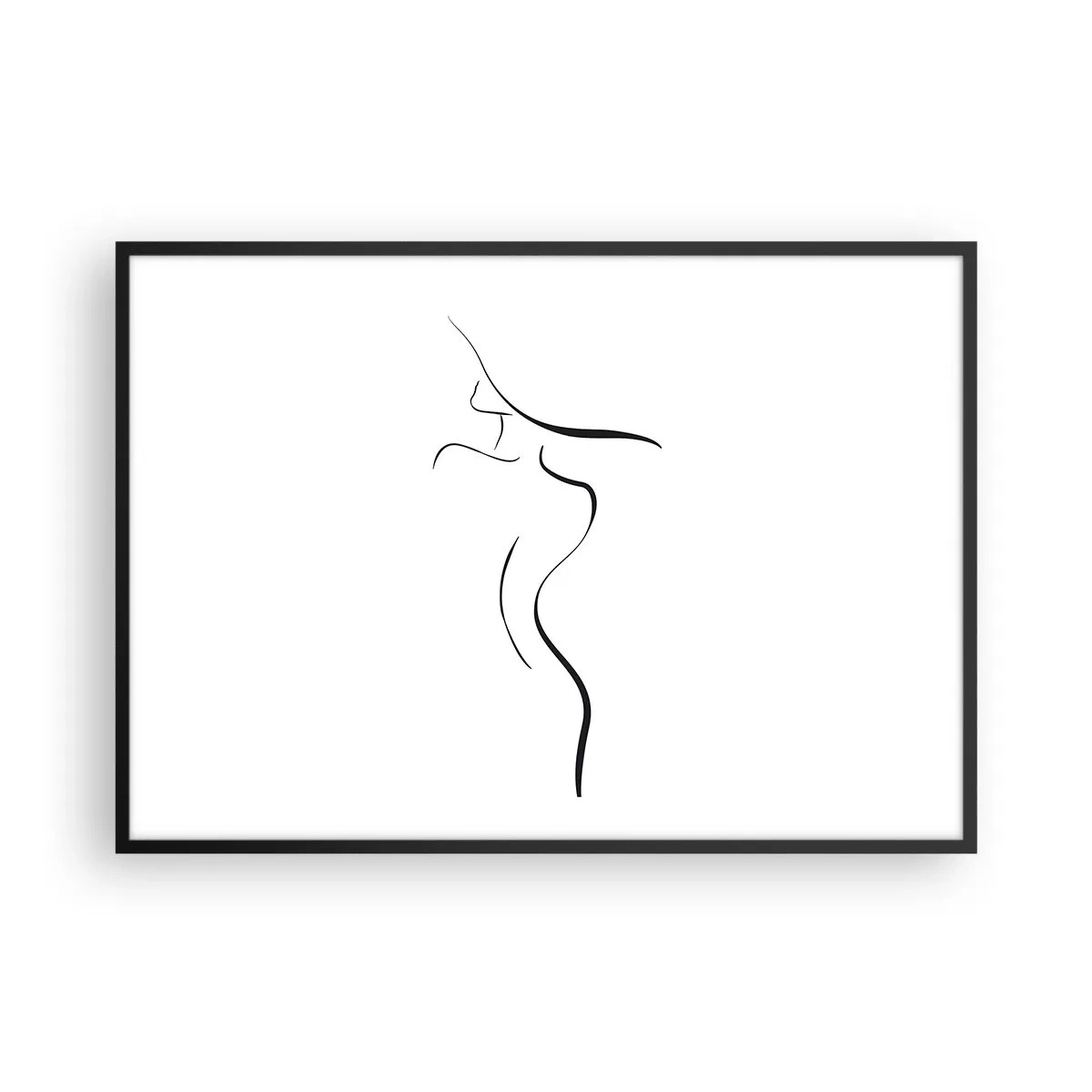 Poster in einem schwarzem Rahmen - Minimalistischer Umriss einer weiblichen Silhouette auf weißem Hintergrund - 100x70cm - Flüchtig wie eine Welle - Moderne Wanddekoration für Wohnzimmer und Schlafzimmer ARTTOR