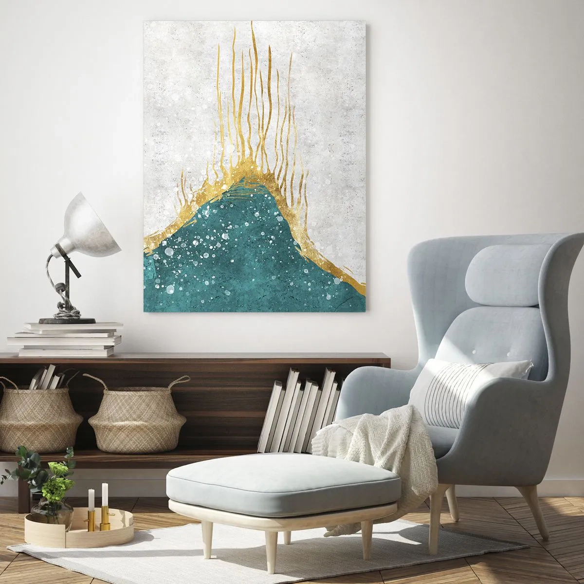 Glasbild - Bild auf glas - Eine abstrakte Komposition in Gold- und Türkistönen - 70x100cm - Goldene Flut - Moderne Wanddekoration für Wohnzimmer und Schlafzimmer ARTTOR