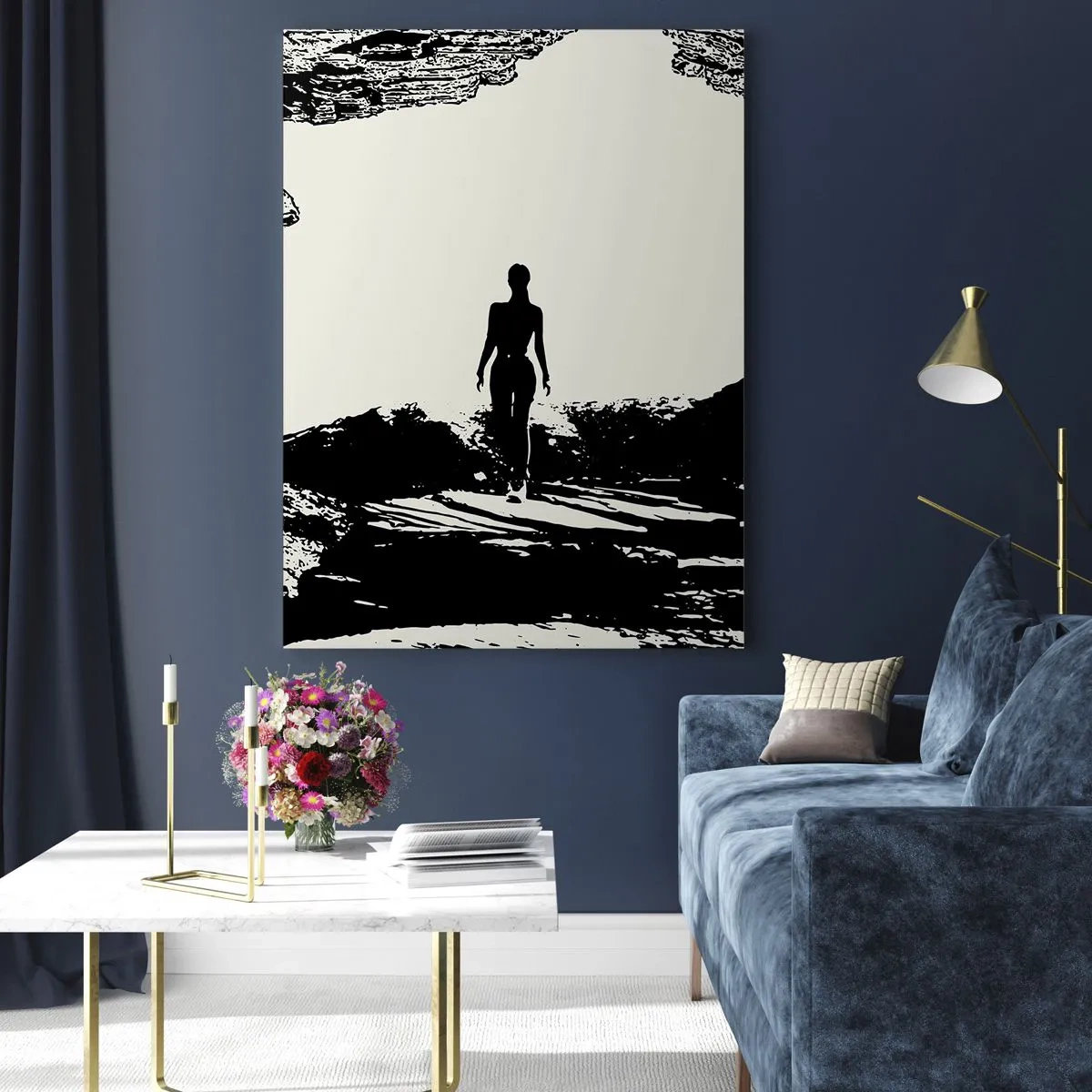 Glasbild - Bild auf glas - Schwarz-weiße Silhouette einer Frau in einer Höhle gegen den Himmel - 80x120cm - Neuer Blick - Moderne Wanddekoration für Wohnzimmer und Schlafzimmer ARTTOR