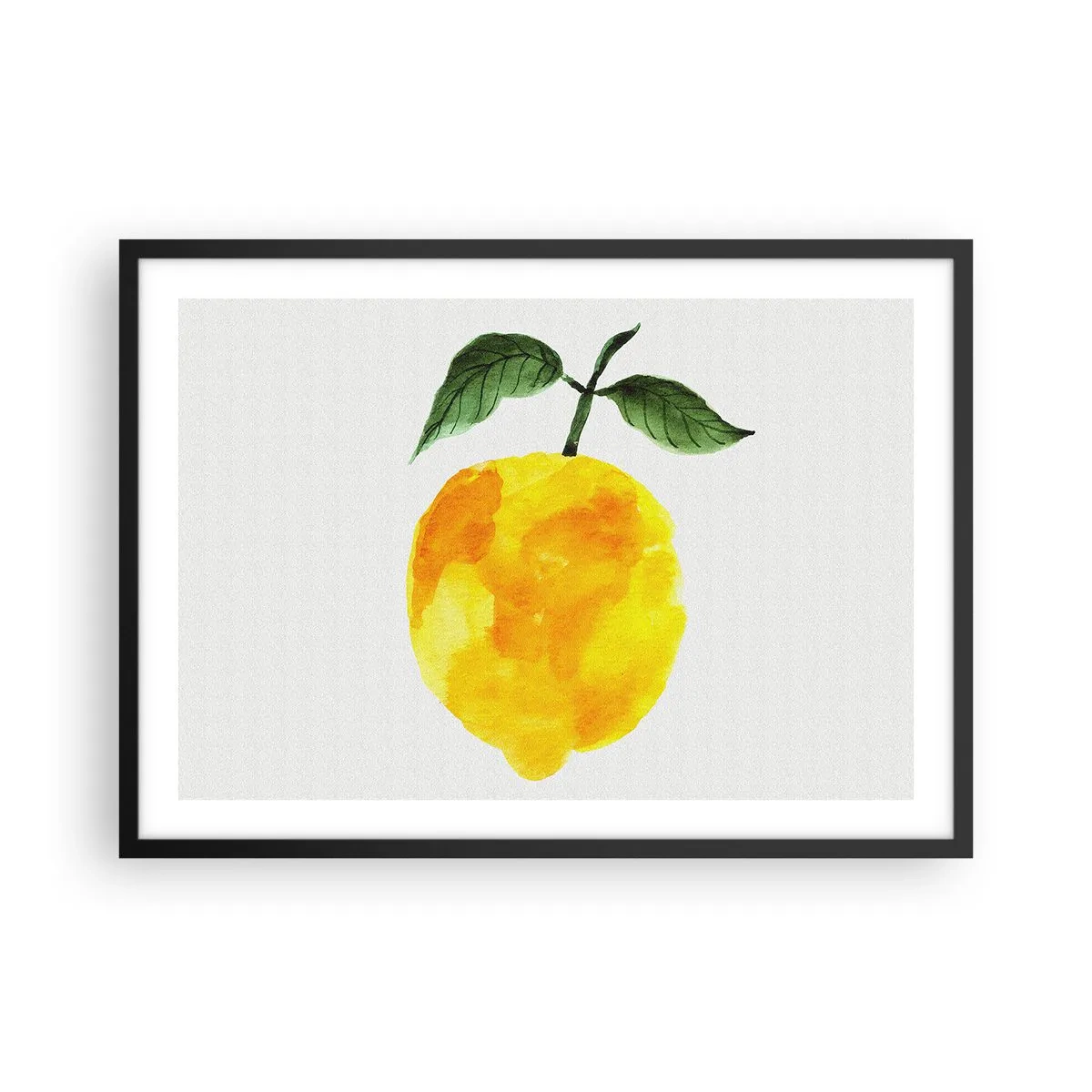 Poster in einem schwarzem Rahmen - Aquarell Zitrone mit grünen Blättern auf hellem Hintergrund - 70x50cm - So schmeckt man die Sonne - Moderne Wanddekoration für Wohnzimmer und Schlafzimmer ARTTOR