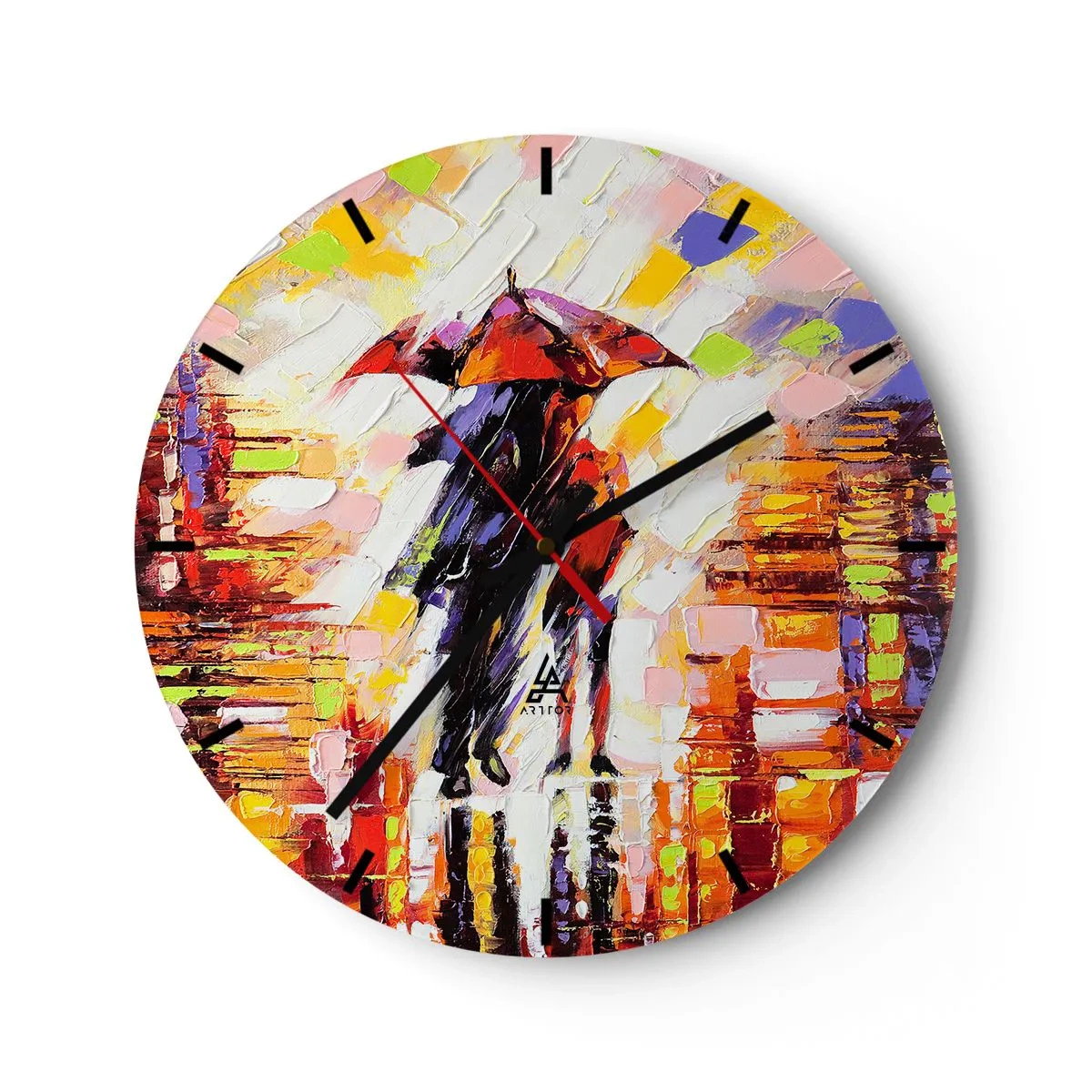 Wanduhr - Glasuhr - Ein Paar unter einem roten Regenschirm vor einem farbenfrohen, malerischen Hintergrund - 30x30cm - Gemeinsam durch die Nacht und den Regen - Moderne Wanddekoration für Wohnzimmer, Küche und Schlafzimmer ARTTOR