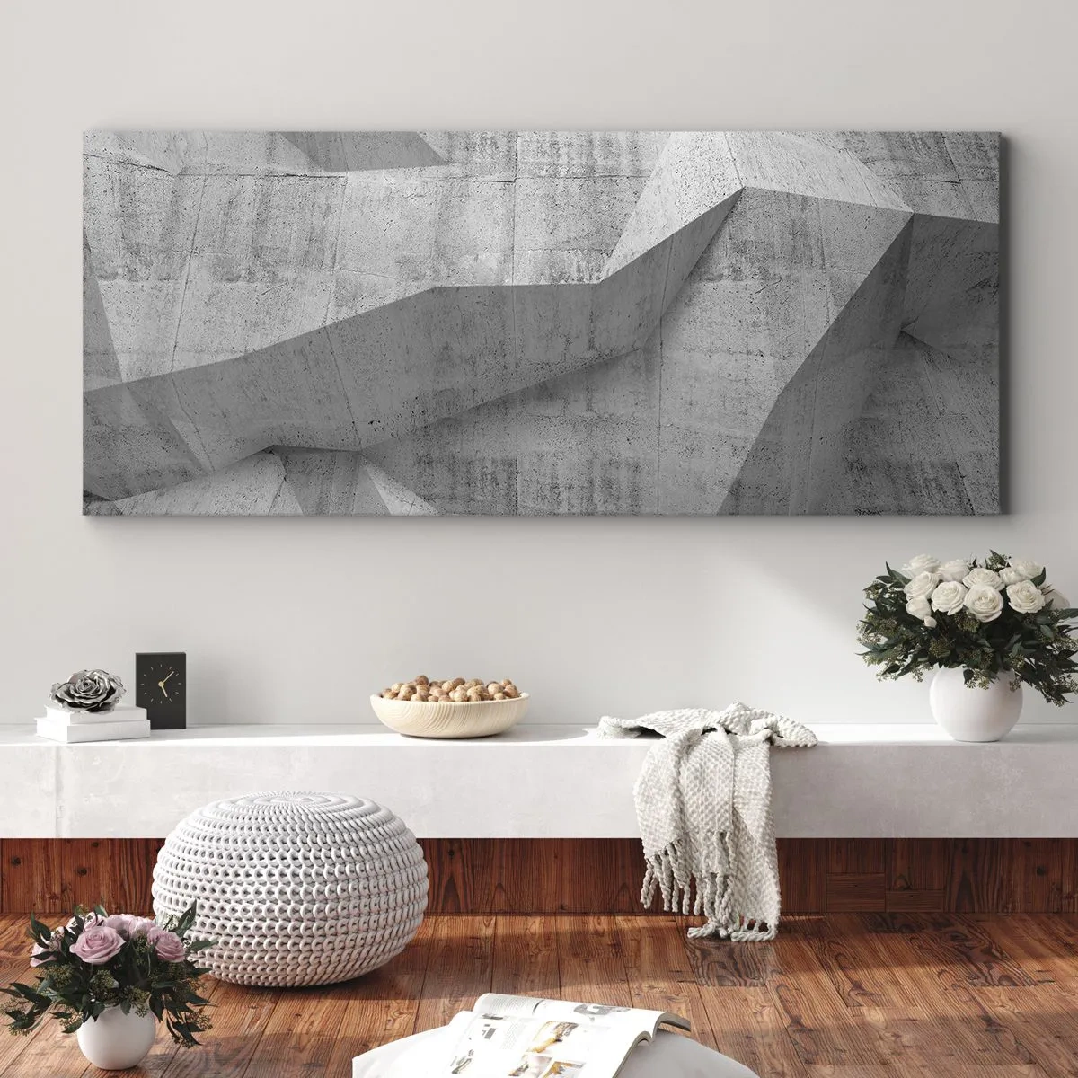 Bild auf Leinwand - Leinwandbild - Geometrische Betonformen in Grau - 140x50cm - Eine echte Herausforderung - Moderne Wanddekoration für Wohnzimmer und Schlafzimmer ARTTOR