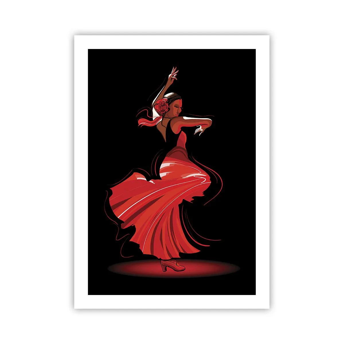 Poster - Flamenco-Tänzerin in einem roten Kleid vor schwarzem Hintergrund - 50x70cm - Der feurige Geist des Flamenco - Moderne Wanddekoration für Wohnzimmer und Schlafzimmer ARTTOR