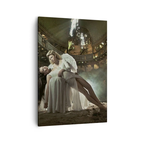 Bild auf Leinwand - Leinwandbild - Zwei Figuren in Ruinen mit Lichtspiel - 50x70cm - Der Geist des alten Theaters - Moderne Wanddekoration für Wohnzimmer und Schlafzimmer ARTTOR