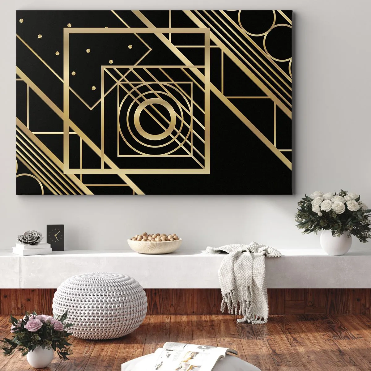 Bild auf Leinwand - Leinwandbild - Goldene geometrische Muster auf schwarzem Hintergrund - 100x70cm - Goldene Geometrie - Moderne Wanddekoration für Wohnzimmer und Schlafzimmer ARTTOR