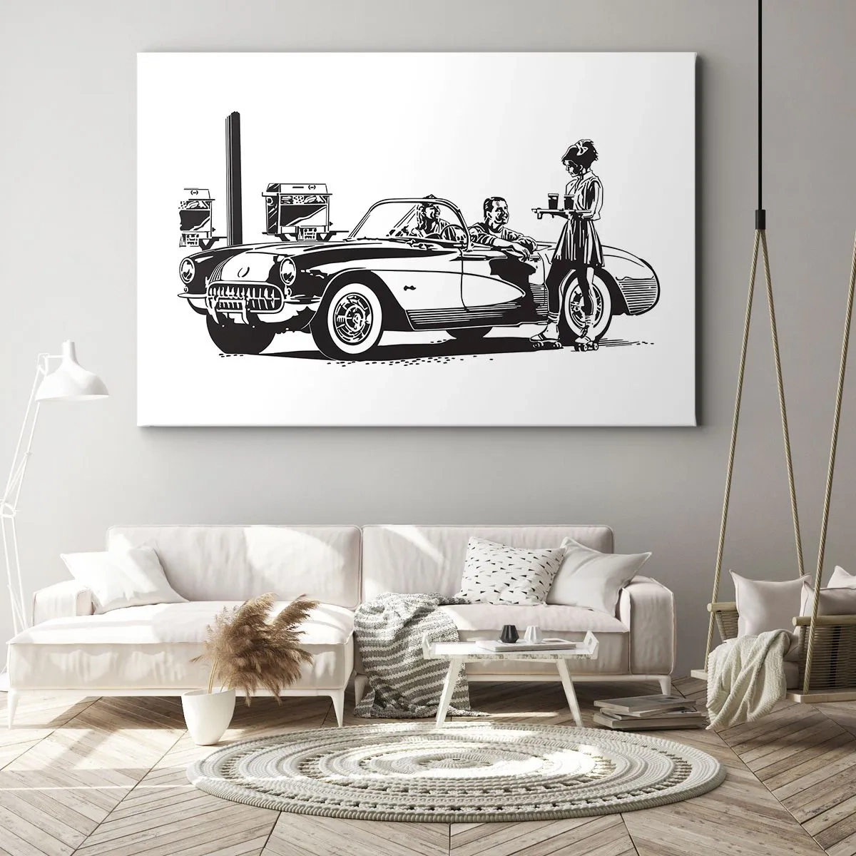 Bild auf Leinwand - Leinwandbild - Eine schwarz-weiße Retro-Szene mit einem Auto und einer Kellnerin auf Rollschuhen. - 70x50cm - 60. - unbeschwertes Amerika - Moderne Wanddekoration für Wohnzimmer und Schlafzimmer ARTTOR