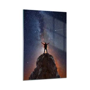 Glasbild - Bild auf glas - Eine Figur auf einem Berggipfel unter einem Sternenhimmel - 80x120cm - Die Macht ist mit mir! - Moderne Wanddekoration für Wohnzimmer und Schlafzimmer ARTTOR