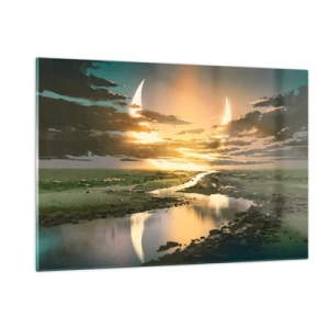 Glasbild - Bild auf glas - Eine fantastische Landschaft mit einem Doppelmond über dem Fluss - 120x80cm - Irgendwo in einer weit, weit entfernten Galaxie - Moderne Wanddekoration für Wohnzimmer und Schlafzimmer ARTTOR