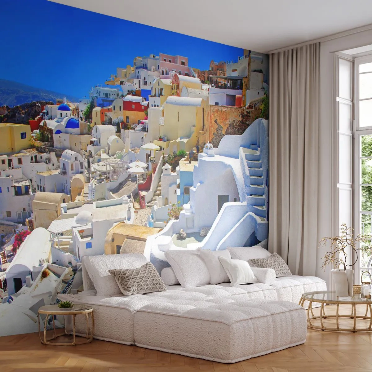 Fototapete Premium Sand - Die weißen Häuser von Santorini vor dem blauen Himmel - 100x70cm - Der Traum vom griechischen Sommer - Moderne Wanddekoration für Wohnzimmer und Schlafzimmer ARTTOR