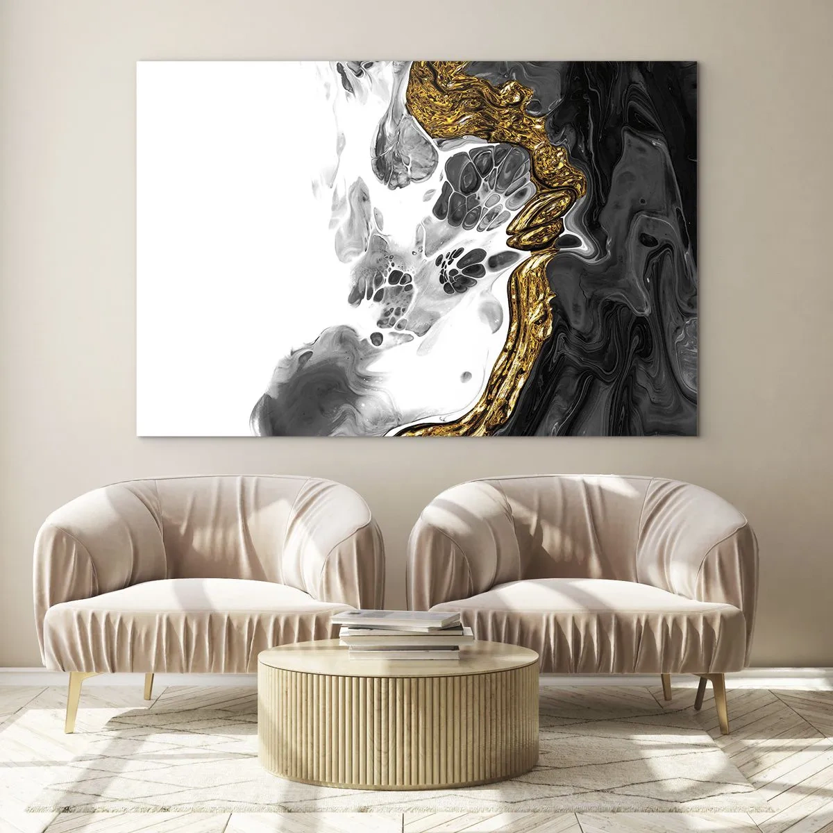 Glasbild - Bild auf glas - Abstrakte Komposition aus Schwarz, Weiß und Gold - 70x50cm - Organische Komposition - Moderne Wanddekoration für Wohnzimmer und Schlafzimmer ARTTOR