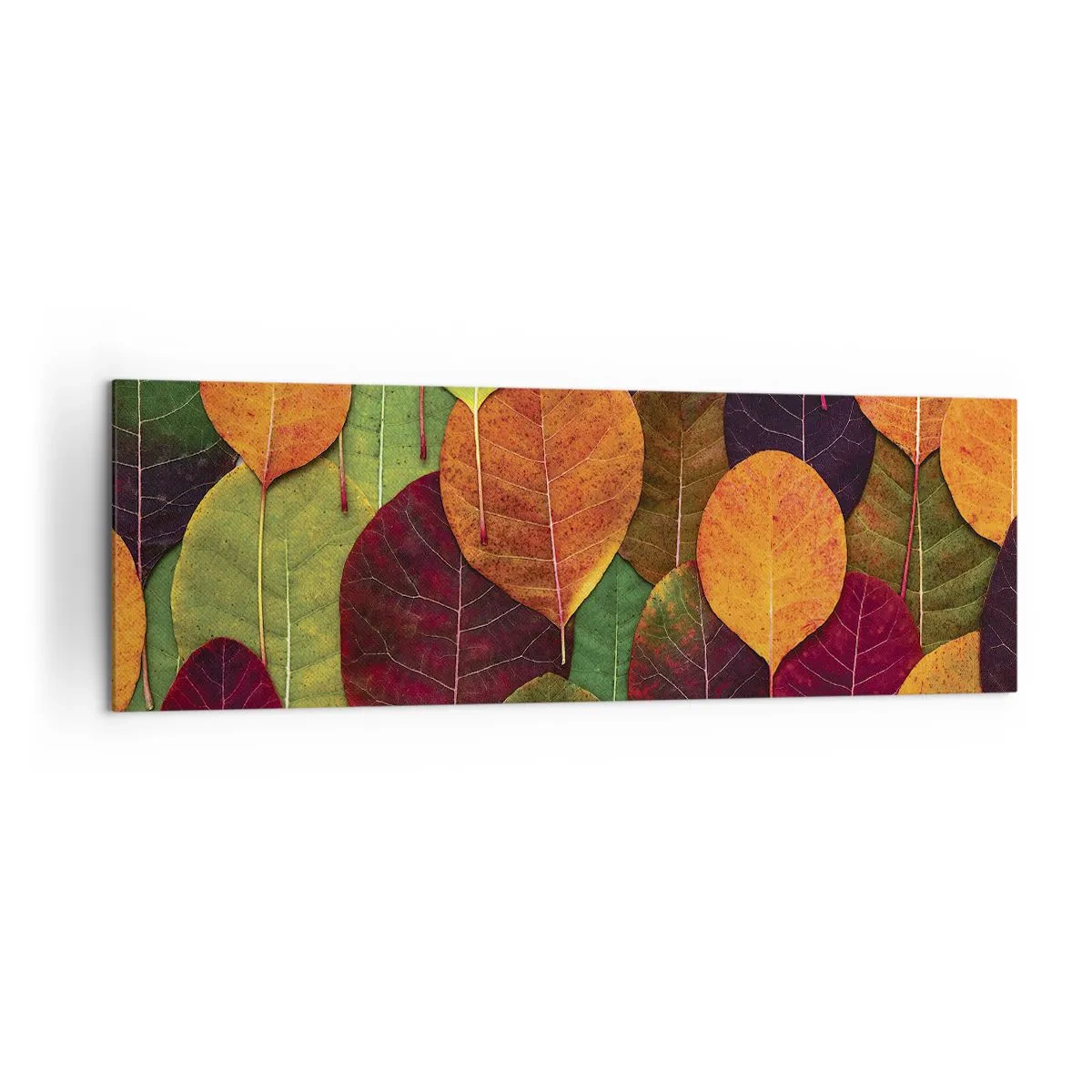 Bild auf Leinwand - Leinwandbild - Bunte Blätter in einem herbstlichen Muster angeordnet - 160x50cm - Herbstmosaik - Moderne Wanddekoration für Wohnzimmer und Schlafzimmer ARTTOR