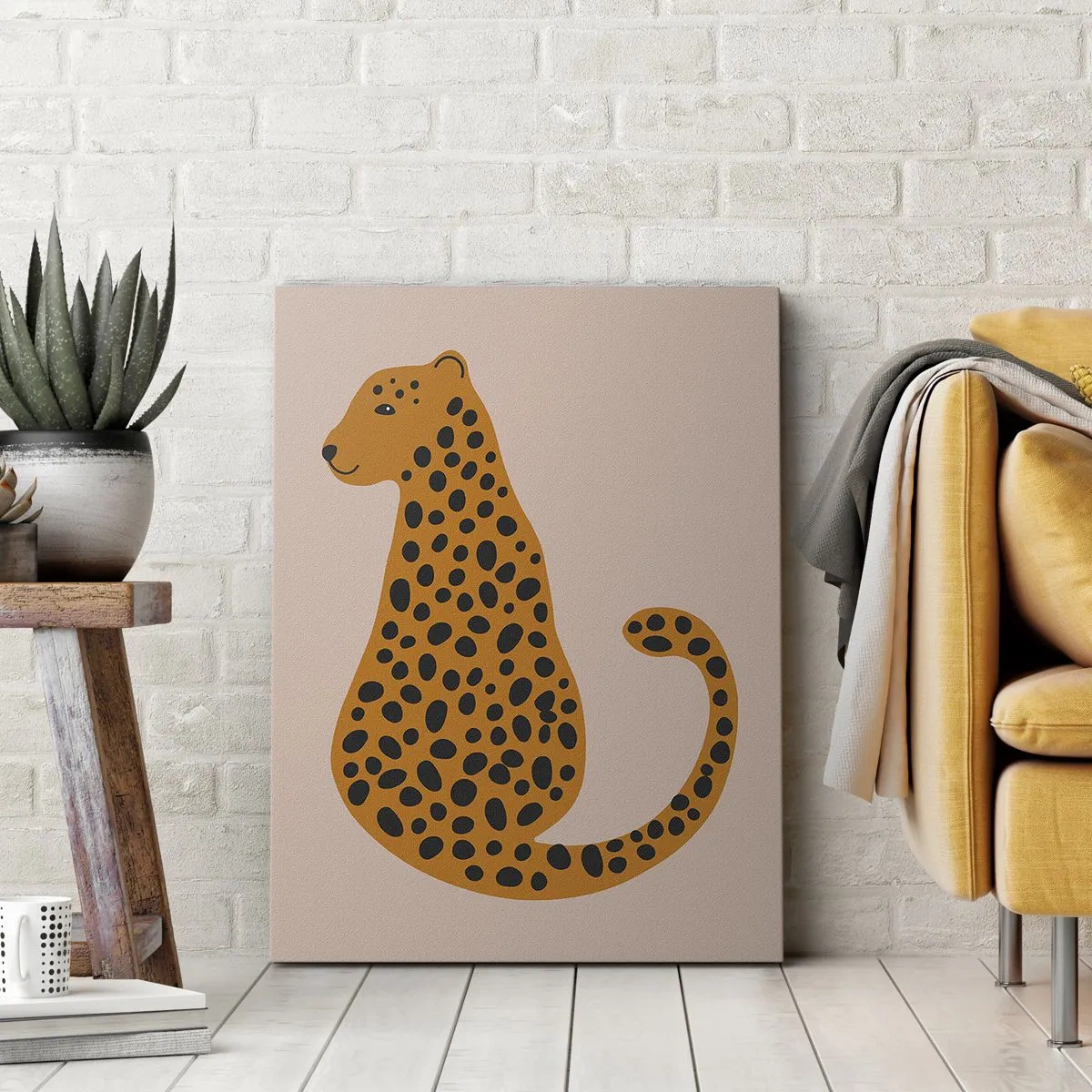 Bild auf Leinwand - Leinwandbild - Eine minimalistische Zeichnung eines Panthers auf beigem Hintergrund - 70x100cm - Leopardenmuster ist ein modisches Muster - Moderne Wanddekoration für Wohnzimmer und Schlafzimmer ARTTOR