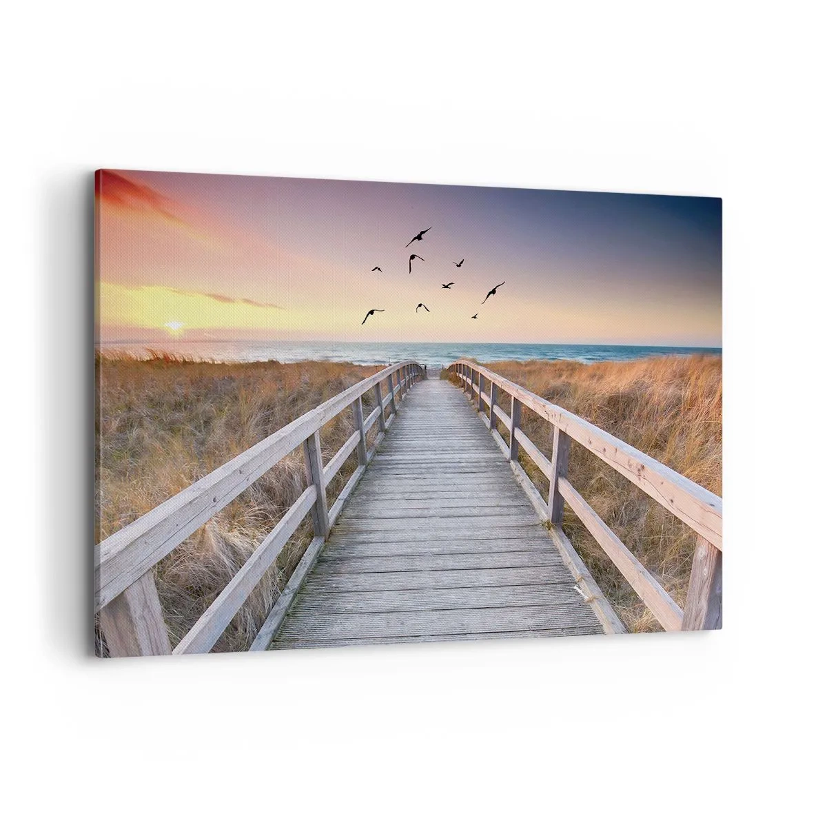 Bild auf Leinwand - Leinwandbild - Holzsteg zum Strand bei Sonnenuntergang - 100x70cm - Der Raum für Auffliegen - Moderne Wanddekoration für Wohnzimmer und Schlafzimmer ARTTOR