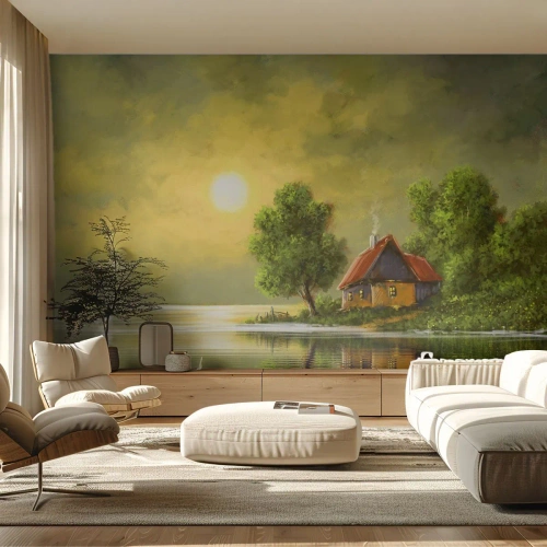 Fototapete Premium Sand - Schön, wie ein Bild - Landschaft, Landhaus, Segelboot - 200x140 cm