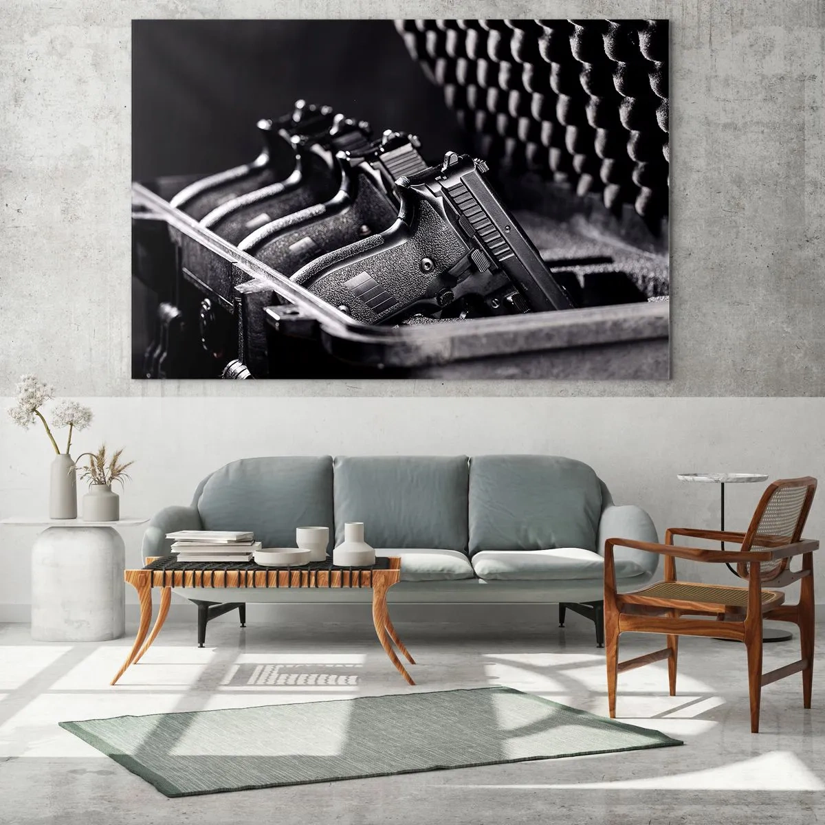 Glasbild - Bild auf glas - Schwarze Pistolen in einem Koffer vor einem Hintergrund aus Schutzschaum - 100x70cm - Männersport - Moderne Wanddekoration für Wohnzimmer und Schlafzimmer ARTTOR
