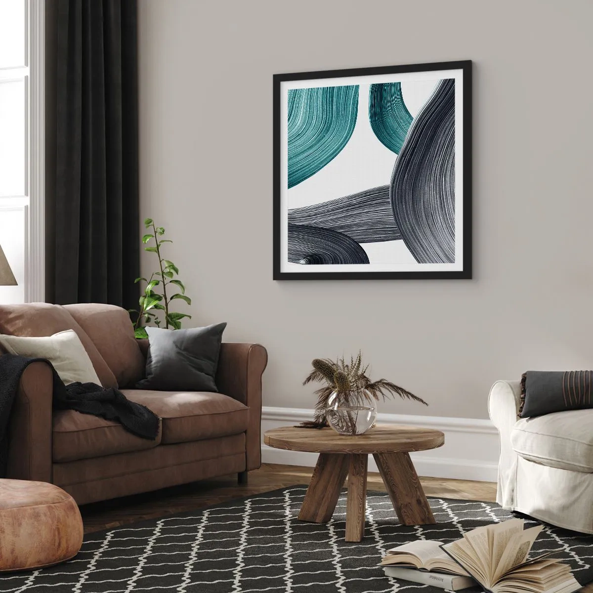 Poster in einem schwarzem Rahmen - Smaragdgrüne und schwarze Pfade - 60x60 cm