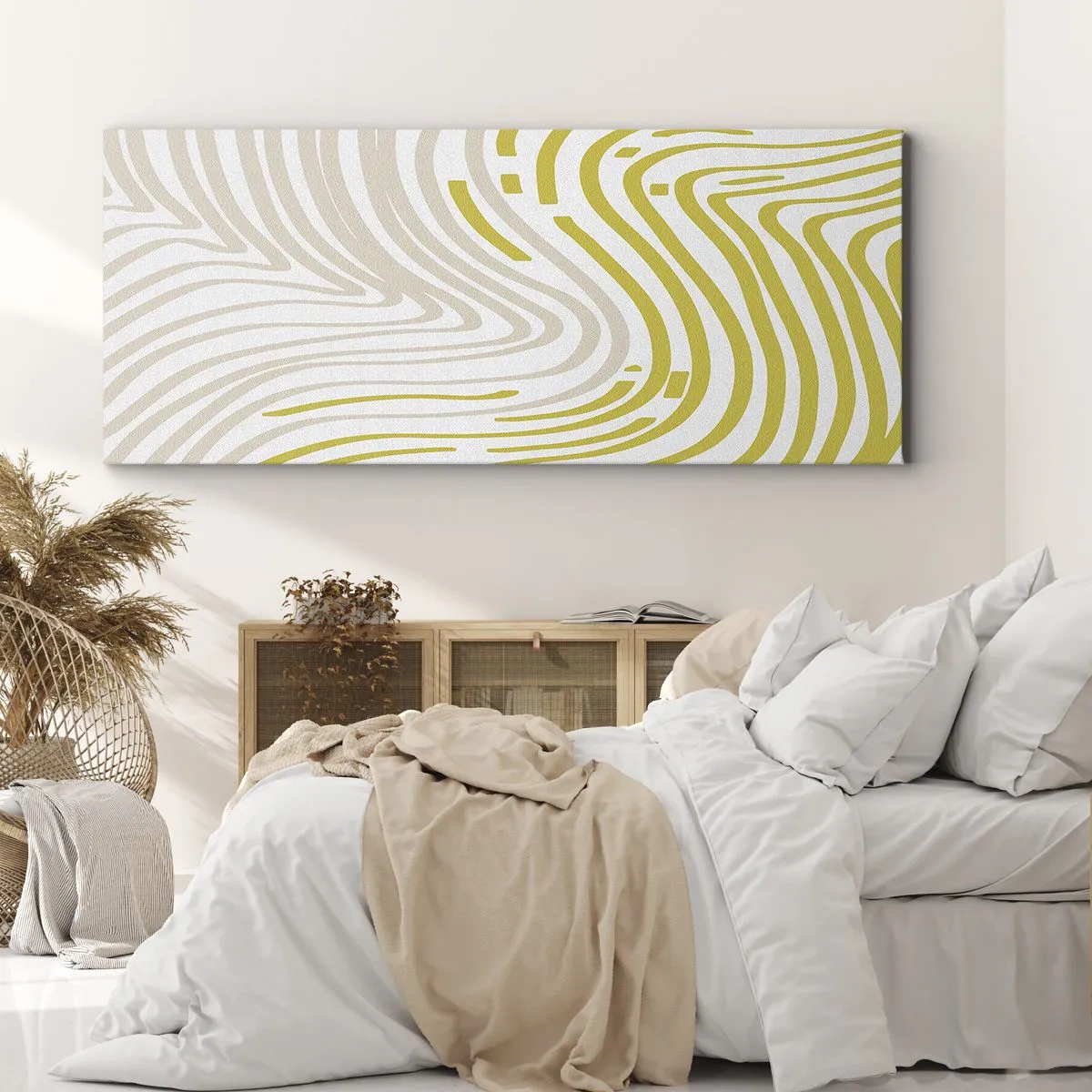 Bild auf Leinwand - Leinwandbild - Ein abstraktes Muster mit Wellenlinien in Gelb- und Beigetönen. - 140x50cm - Komposition mit sanfter Biegung - Moderne Wanddekoration für Wohnzimmer und Schlafzimmer ARTTOR