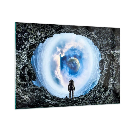 Glasbild - Bild auf glas - Ein Astronaut blickt aus einer Felsenhöhle auf die Erde. - 100x70cm - Es ist nicht weit von zu Hause - Moderne Wanddekoration für Wohnzimmer und Schlafzimmer ARTTOR