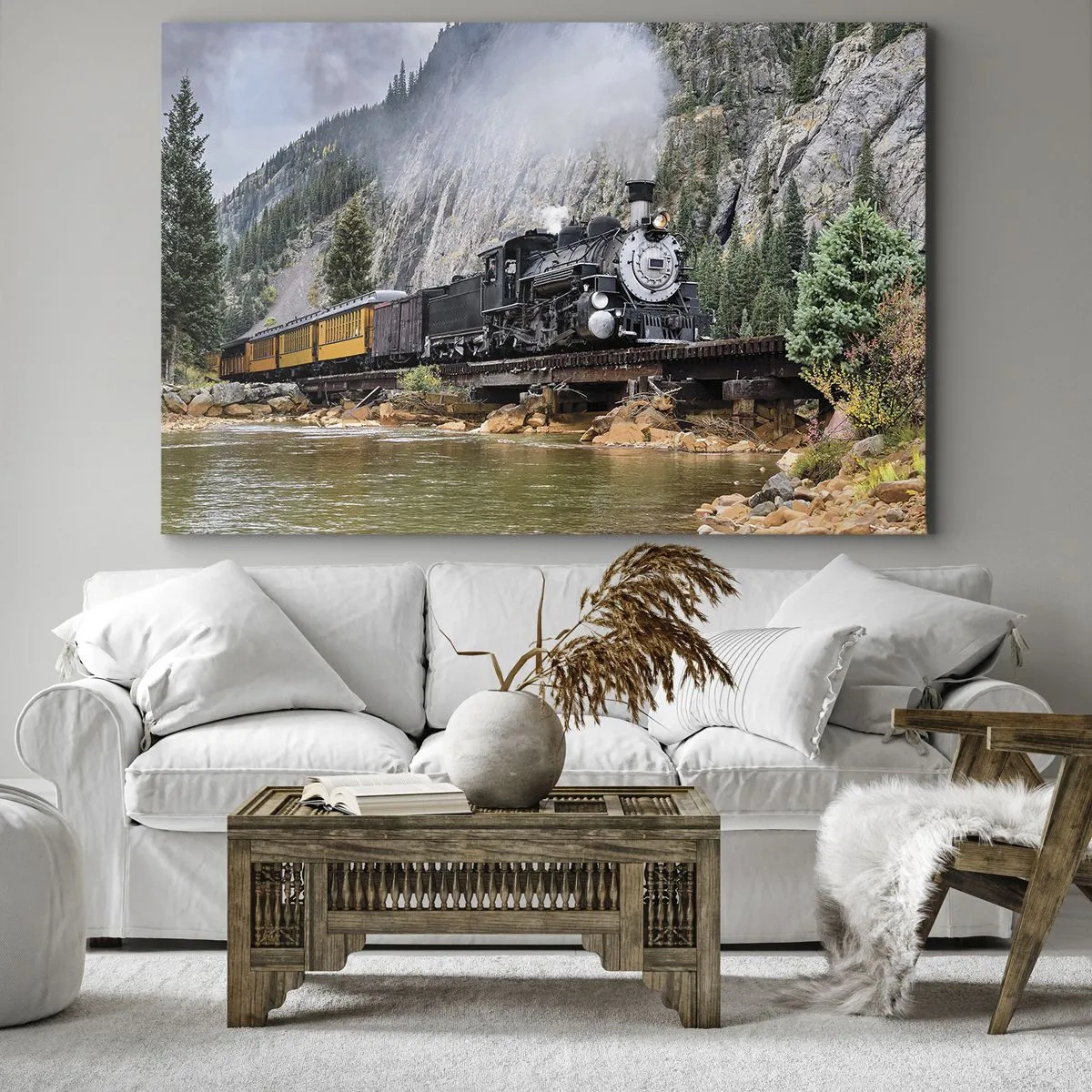 Bild auf Leinwand - Leinwandbild - Eine Dampflokomotive auf einer Brücke in einer malerischen Berglandschaft - 120x80cm - Wo willst du hin? Wohin? - Moderne Wanddekoration für Wohnzimmer und Schlafzimmer ARTTOR