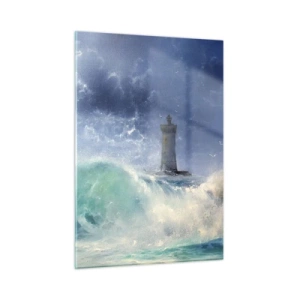 Glasbild - Bild auf glas - Ein Leuchtturm inmitten der rauen Meereswellen - 50x70cm - Auf der Hut vor den Elementen - Moderne Wanddekoration für Wohnzimmer und Schlafzimmer ARTTOR