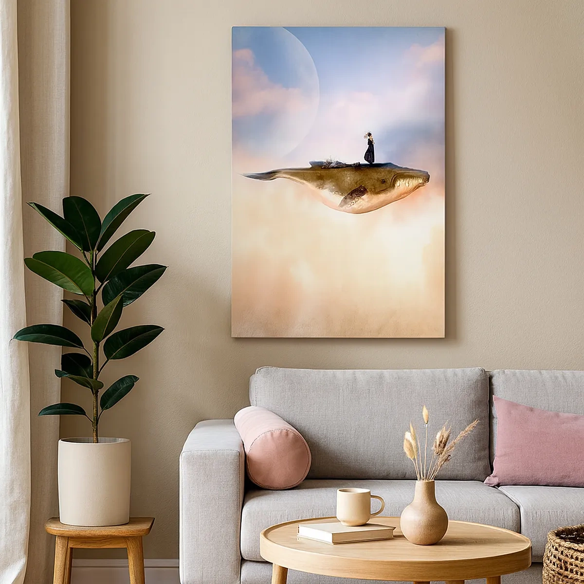 Bild auf Leinwand - Leinwandbild - Eine fantastische Szene einer Frau auf einem Wal zwischen den Wolken - 50x70cm - Eine echte Reise - Moderne Wanddekoration für Wohnzimmer und Schlafzimmer ARTTOR