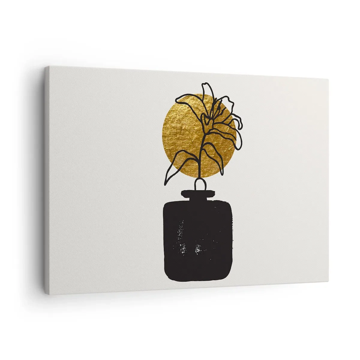 Bild auf Leinwand - Leinwandbild - Eine Zeichnung einer Blume in einer Vase vor einem goldenen Kreishintergrund - 70x50cm - Schönheit ist Gold wert - Moderne Wanddekoration für Wohnzimmer und Schlafzimmer ARTTOR