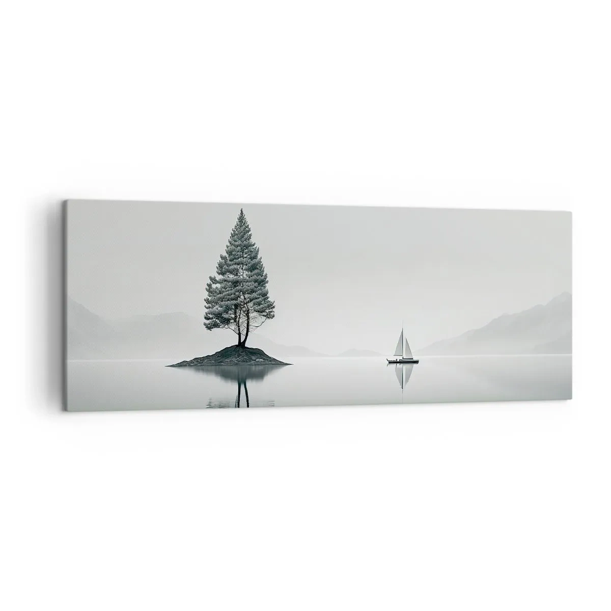 Bild auf Leinwand - Leinwandbild - Eine minimalistische Landschaft mit einem Baum auf einer Insel und einem Segelboot. - 140x50cm - Traum - Moderne Wanddekoration für Wohnzimmer und Schlafzimmer ARTTOR