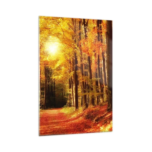 Glasbild - Bild auf glas - Herbstwald mit Sonnenstrahlen, die durch die Bäume scheinen - 80x120cm - Goldener Herbst auf einer Forststraße - Moderne Wanddekoration für Wohnzimmer und Schlafzimmer ARTTOR