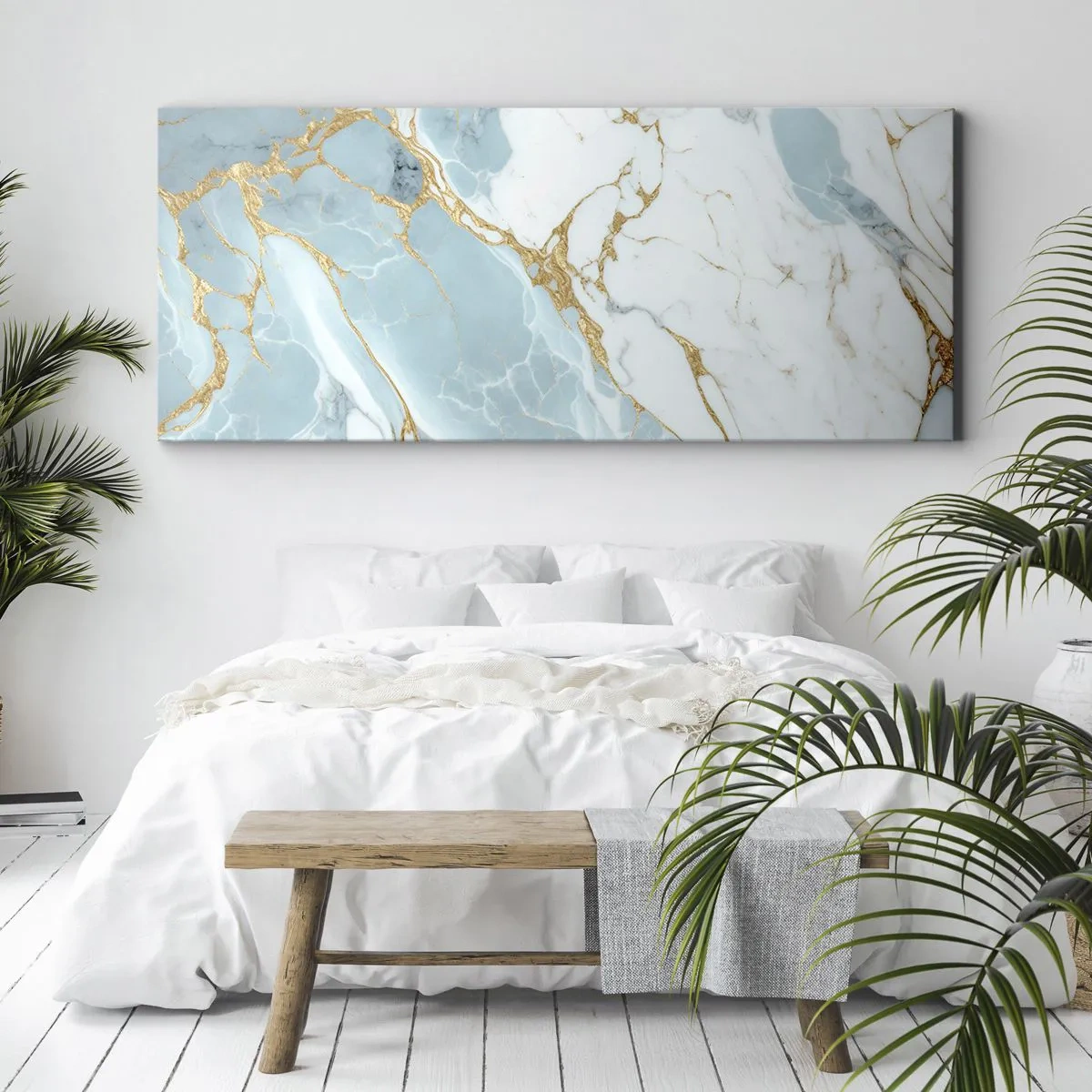 Bild auf Leinwand - Leinwandbild - Blaue und weiße Marmormuster mit zusätzlichen goldenen Adern - 160x50cm - Reichtum des Steins - Moderne Wanddekoration für Wohnzimmer und Schlafzimmer ARTTOR