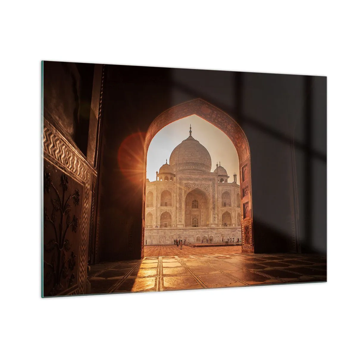 Glasbild - Bild auf glas - Sonnenuntergang über einem monumentalen Gebäude durch einen Bogen gesehen - 100x70cm - Denkmal der überirdischen Liebe - Moderne Wanddekoration für Wohnzimmer und Schlafzimmer ARTTOR