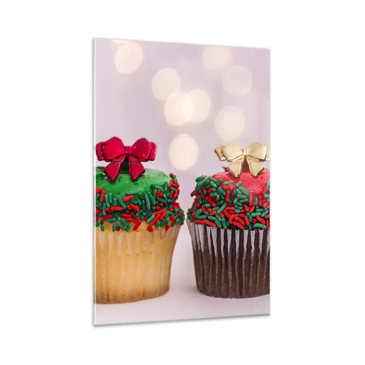 Glasbild - Bild auf glas - Weihnachts-Cupcakes mit bunten Streuseln und Schleifen - 80x120cm - Süßigkeiten bis zu der Schleife - Moderne Wanddekoration für Wohnzimmer und Schlafzimmer ARTTOR