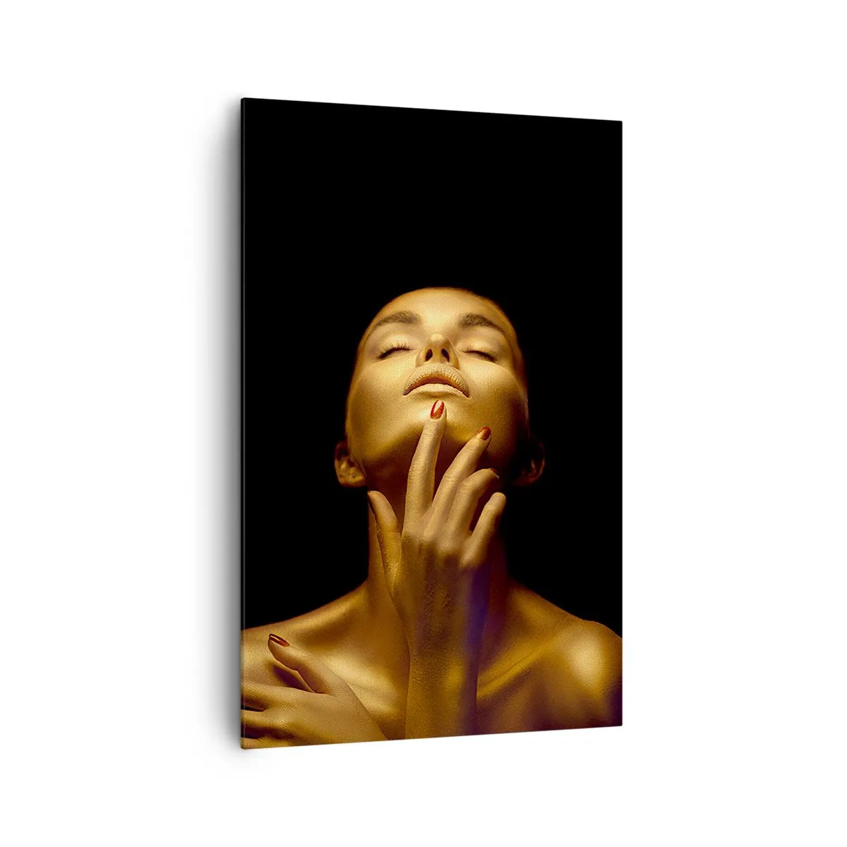 Bild auf Leinwand - Leinwandbild - Porträt einer Frau in goldenem Glanz auf schwarzem Hintergrund - 80x120cm - Wie goldene Seide - Moderne Wanddekoration für Wohnzimmer und Schlafzimmer ARTTOR