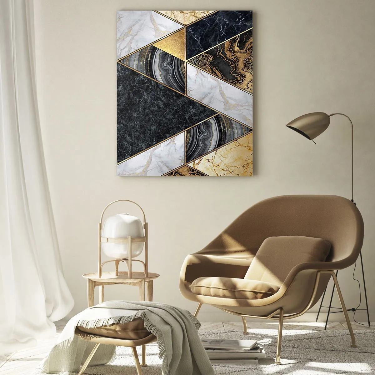 Glasbild - Bild auf glas - Geometrische Dreiecke in Gold, Marmor und dunklen Farbtönen - 80x120cm - Stein um Stein - Moderne Wanddekoration für Wohnzimmer und Schlafzimmer ARTTOR