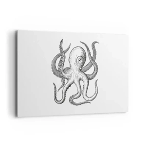 Bild auf Leinwand - Leinwandbild - Schwarz-weiße Zeichnung eines Oktopus auf weißem Hintergrund im Vintage-Stil - 120x80cm - Mit den Wellen tanzen - Moderne Wanddekoration für Wohnzimmer und Schlafzimmer ARTTOR